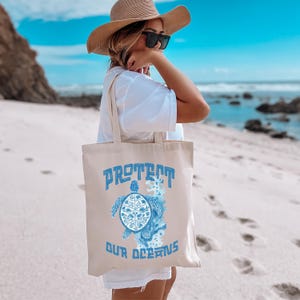 Save Our Oceans Tote Bag, Travel Bag, Turtles Coastal Summer Shopping Bag, Travel Lovers Reusable Grocery Bag, Granola Girl Canvas Book Bag