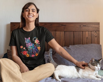 Floral Katzen-Shirt Katzenmama Shirt Tier Liebhaber T-Shirt Katzen-Liebhaber Shirt Geschenk Blumenkatze T-Shirt Katzenliebhaber Shirt