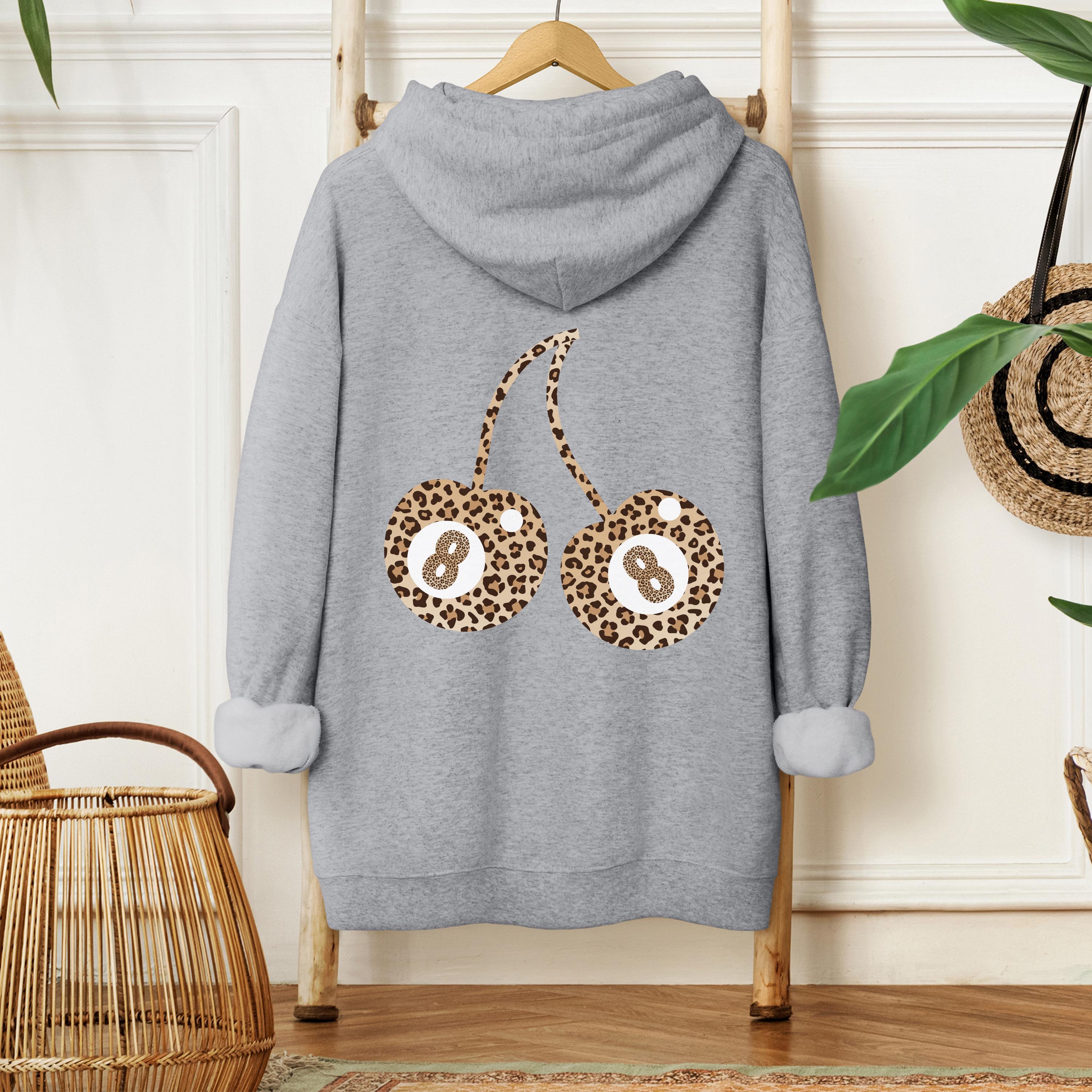 Leopard Print 8 Ball Cherries Hoodie, Y2K Womens Sweatshirt, Retro