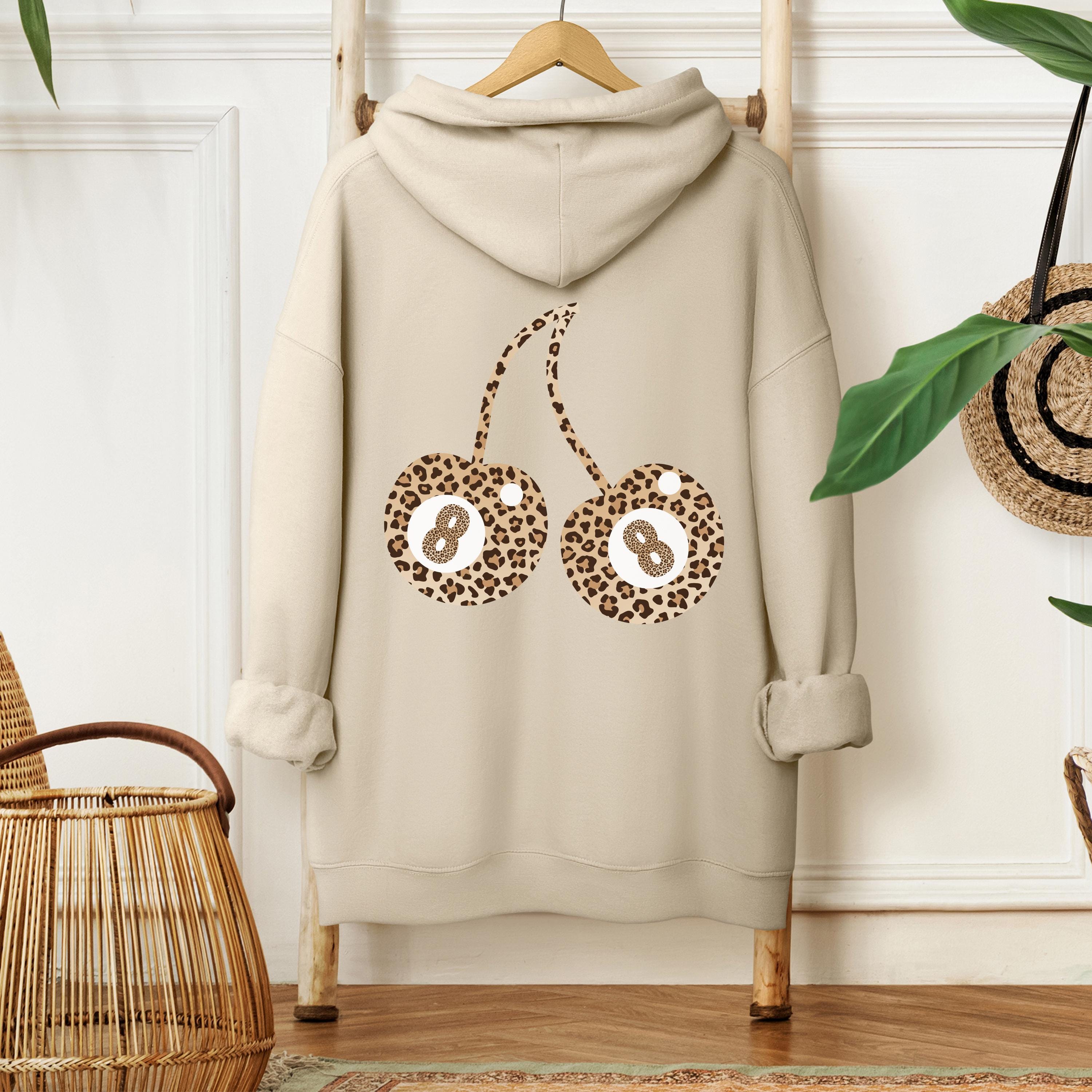 Leopard Print 8 Ball Cherries Hoodie, Y2K Womens Sweatshirt, Retro