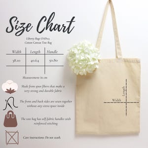 May include: Beige cotton canvas tote bag with dimensions: width 15 inches, length 16 inches, handle 20 inches. Features self-fabric handles and reinforced stitching. Includes a size chart and care instructions.