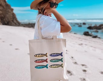 Colorful Sardines Tote Bag, Sardine Tinned Fish Lovers Summer Tote, Fish Cotton Canvas Tote Bag, Eco-friendly Beach Bag,