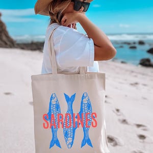 イワシのトートバッグ、イワシの缶詰魚好きの夏用トート、魚のコットンキャンバストートバッグ、環境に優しいビーチバッグ、マーケットショッピングバッグ