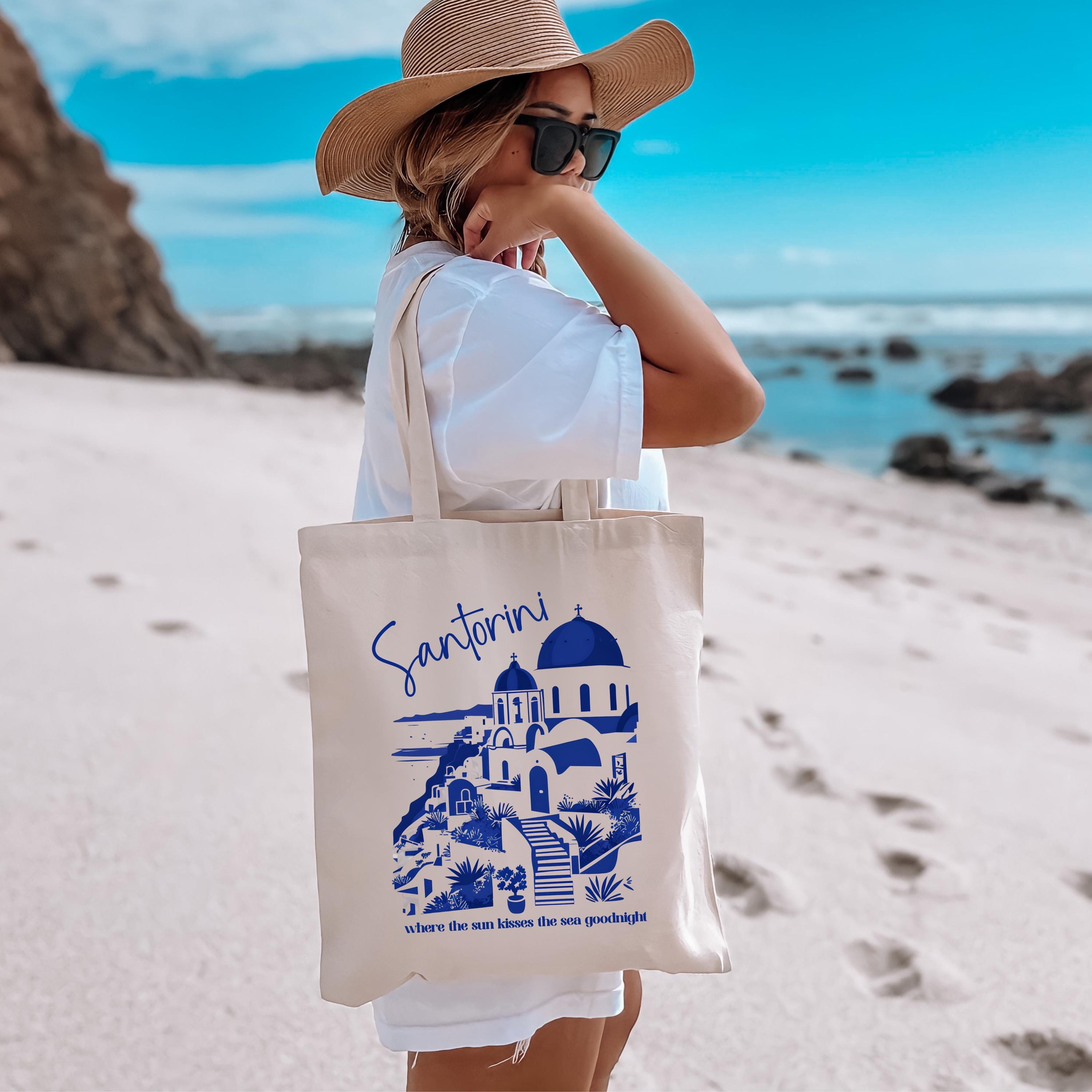 VISESUNNY Summer Santorini Floral Tote Bag – Large Water-Resistant Cotton Canvas Bag With Inner Pocket For Beach & Travel