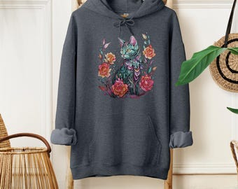 Sweat à Capuche Fille Motif Chat Et Fleurs – Coton Doux, Coupe Décontractée – Vêtement Extérieur Enfant