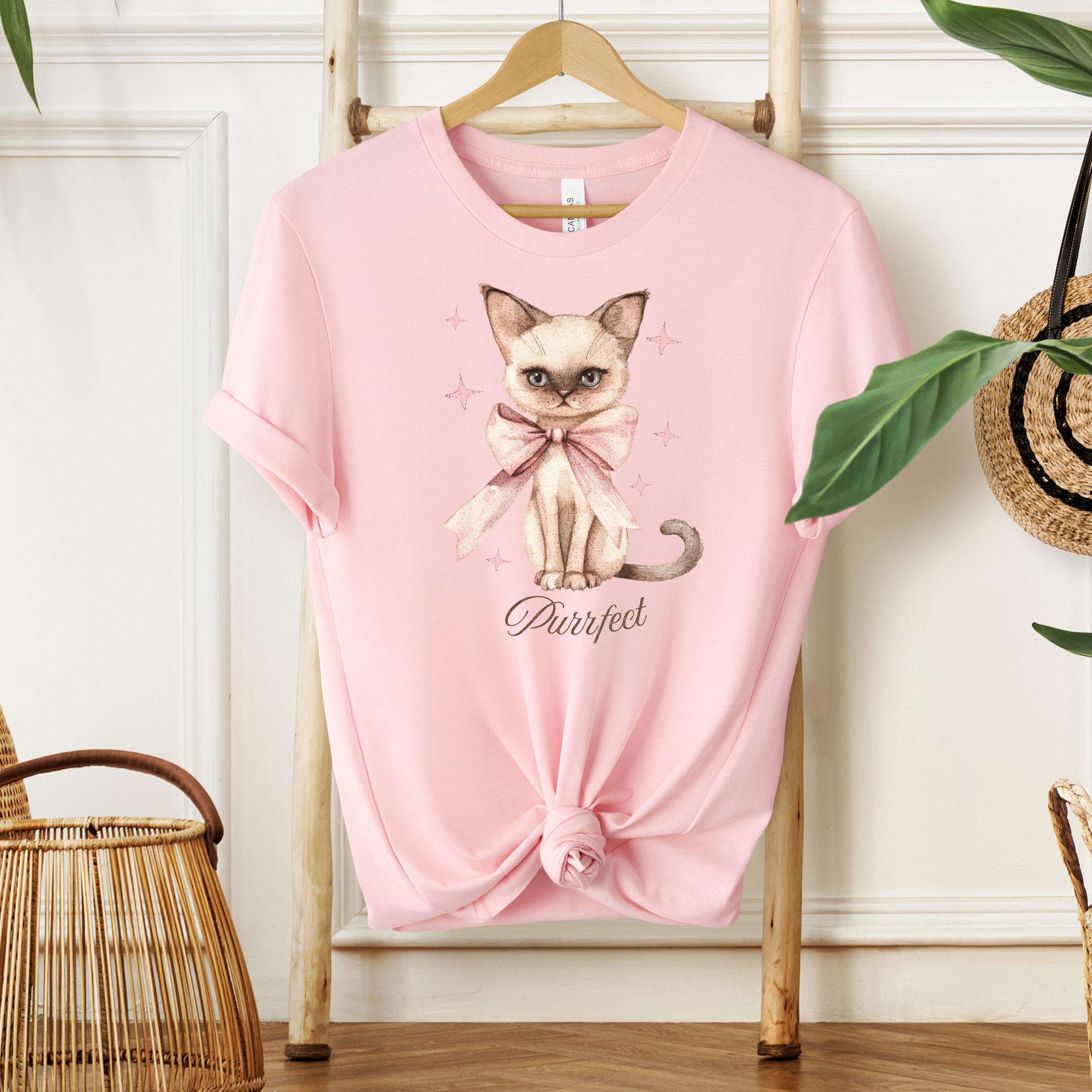 ピンクのリボン付き猫シャツ コケット かわいい猫Tシャツ コケット 
