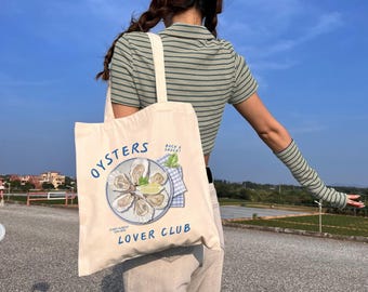 Oysters Lover Club Retro Tote Bag, OysterTote Bag, Italian Theme Shopping Bag, Fisherman Aesthetic Reusable Grocery Bag,Canvas Eco Friendly