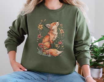 Felpa con volpe floreale, camicia vintage cottagecore floreale, camicia folkloristica fatata con fiori selvatici, camicia cottagecore fox forestcore, idea regalo boho
