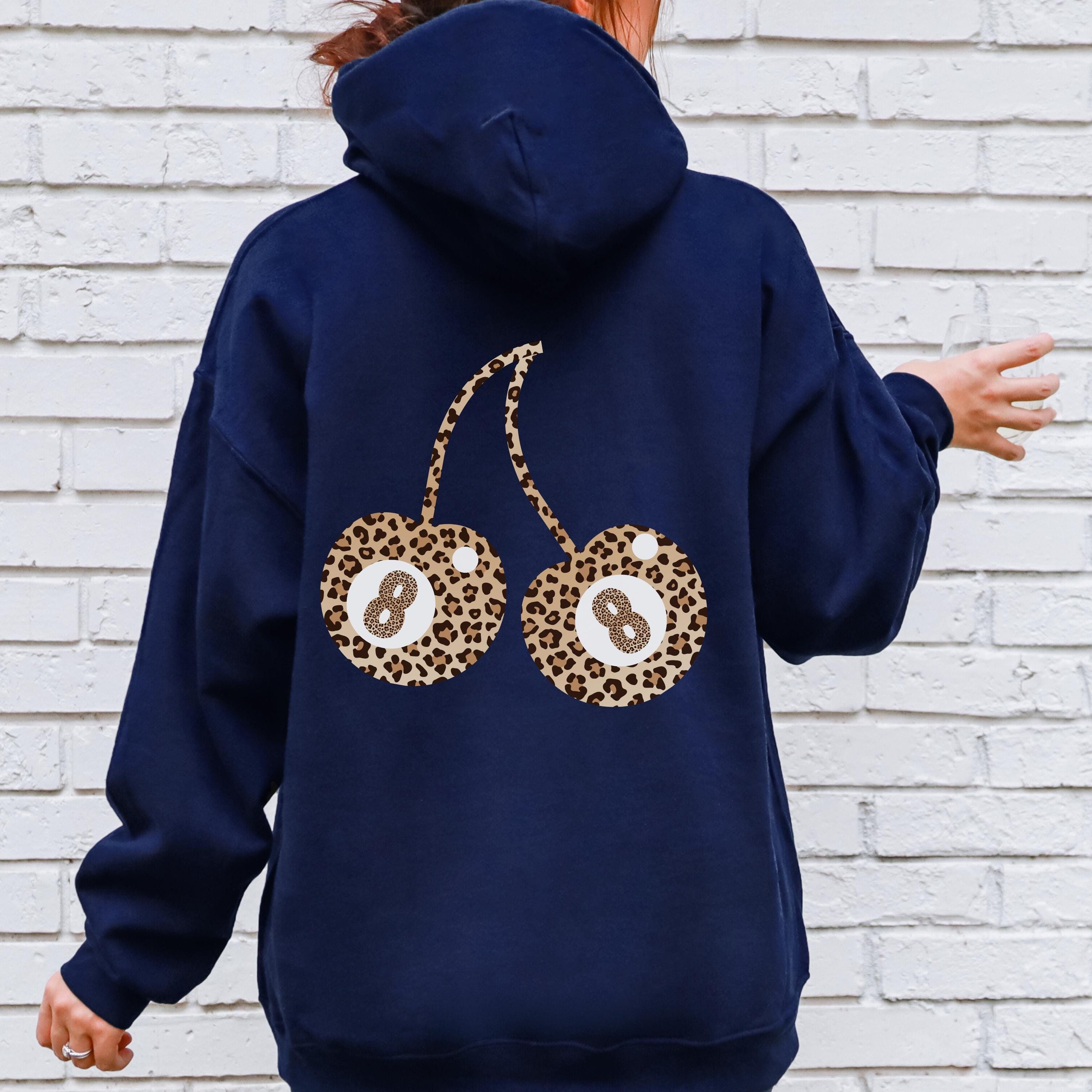Leopard Print 8 Ball Cherries Hoodie, Y2K Womens Sweatshirt, Retro