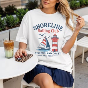 New England Sailing Club Shirt, Trendy Coastal Summer Graphic Tshirt, Travel Vacation Tee, Vintage Sailing Shirt, Boat Lover, Plus Sizes