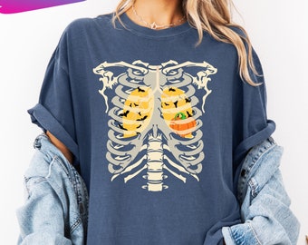 Comfort Colors Skeleton Rib Cage T-Shirt, Halloween Skeleton Shirt, Halloween Bat T-Shirt, Skeleton Halloween Shirt, Spooky Season T-Shirt