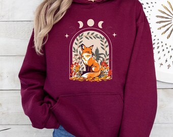 Goblincore Fox Hoodie, Cottagecore Aesthetic Sweatshirt, Vintage Forest Fox Pullover, Cozy Woodland Animal Hoodie, Retro Nature Hoodie