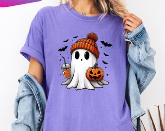 Comfort Colors Halloween Ghost T-Shirt, Cute Ghost Shirt, Spooky Season Shirt, Cute Fall Shirt, Halloween Coffee Lover Gift, Fall Coffee Tee