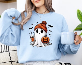 Halloween Ghost Pumpkin Latte Sweatshirt, Cute Ghost Sweatshirt, Cute Fall Sweatshirt, Spooky Season Sweater, Fall Coffee Sweatshirt