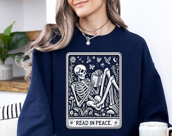Read in Peace Sweatshirt, Book Lover Halloween Sweater, Skeleton Book Sweatshirt, Skeleton Reading Sweater, Bookish Halloween Sweatshirt