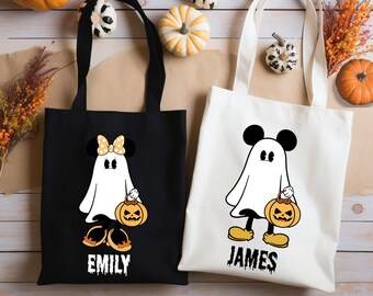 Custom Mickey Minnie Ghost Tote Bag, Halloween Tote Bag, Custom Name Halloween Bag, Disney Halloween Tote Bag, Kids Halloween Candy Sack