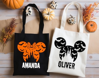 Custom Halloween Tote Bag, Mickey and Minnie Tote Bag, Custom Name Halloween Bag, Kids Halloween Tote Bag, Kids Halloween Candy Sack