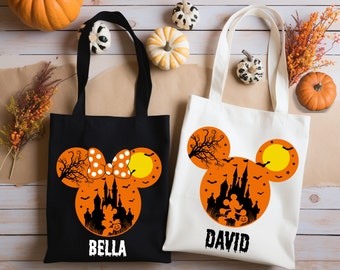 Custom Mickey and Minnie Tote Bag, Disney Halloween Tote Bag, Customized Name Halloween Bag, Halloween Tote Bag, Kids Halloween Candy Sack