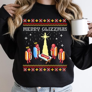 Sudadera Merry Glizzmas, sudadera fea de Navidad, sudadera divertida de Navidad, suéter de perrito caliente Merry Glizzmas, sudadera divertida de perritos calientes