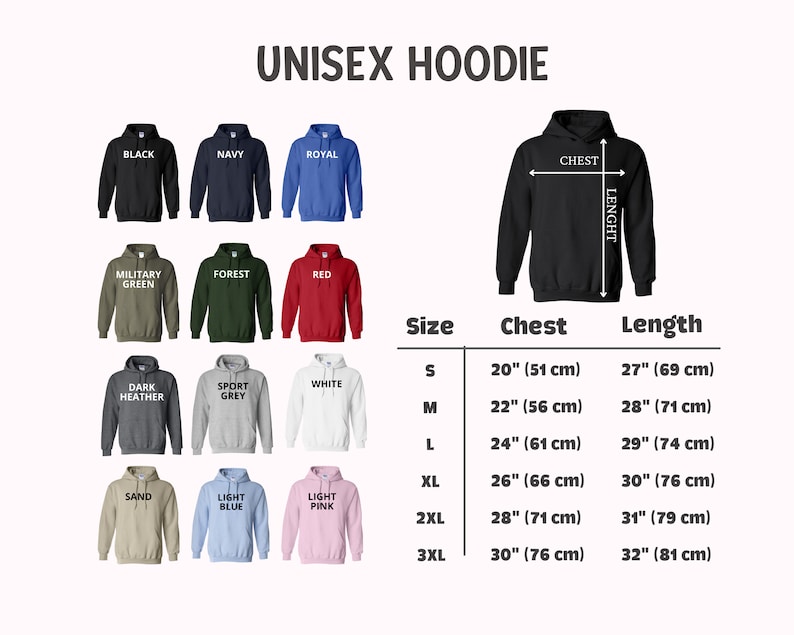 Pu&ograve; includere: Una variet&agrave; di felpe con cappuccio unisex in vari colori, tra cui nero, blu navy e rosso. L'immagine include una tabella delle taglie con misure di petto e lunghezza in centimetri. Il testo "UNISEX HOODIE" &egrave; in alto.