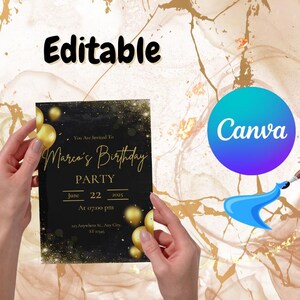 Personalizable Digital Birthday Invitation | Elegant Gold & Black Celebration Card | Instant Download for Canva and Print