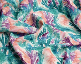 Peachy sea coral watercolour printed fabric by Las Sonadoras, girls room, girls fashion, ocean, hand painted, ice dye, Fabric by the metre