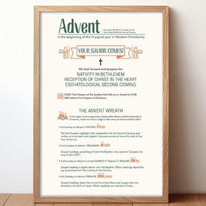 May include: A printable poster with a beige background and a brown wooden frame. The poster features the word "Advent" in a green and white font. The poster explains the meaning of Advent and the significance of the Advent wreath. The poster includes the text "Your Savior Comes!" and "We look forward and prepare for: Nativity in Bethlehem, Reception of Christ in the Heart, Eschatological Second Coming."