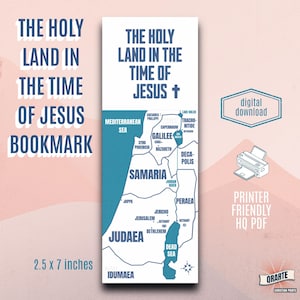 May include: Bookmark featuring a map of the Holy Land in the time of Jesus, with key locations labeled. The bookmark is 2.5 x 7 inches and includes the text "The Holy Land in the Time of Jesus Bookmark". It also includes a "digital download" icon.