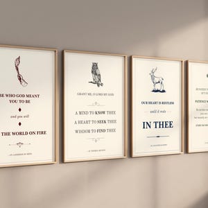 May include: Four framed art prints with inspirational quotes and illustrations. The prints feature a hand holding a torch, an owl, a deer, and a fleur-de-lis. Each print has a beige background and a light brown frame.