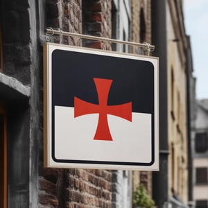 Op de afbeelding: Een vierkant bord met een rood kruis op een zwart-witte achtergrond hangt aan een metalen staaf. Het bord is bevestigd aan een bakstenen muur, met andere gebouwen op de achtergrond.
