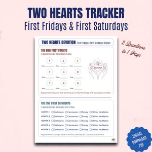 May include: A white digital download PDF titled "TWO HEARTS TRACKER" with sections for tracking First Fridays and First Saturdays devotions. Includes spaces to record dates, confessions, communions, rosaries, and meditation times.
