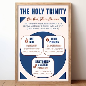 May include: A framed print with the text "THE HOLY TRINITY" in large, bold letters. The print explains the concept of the Holy Trinity with text and graphics, including "One God, Three Persons" and related theological concepts.