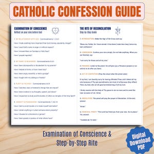 Peut inclure: Guide de confession catholique au format PDF numérique, avec des sections sur l'examen de conscience et le rite de la réconciliation. Le guide comprend des questions d'auto-réflexion et un guide étape par étape pour la confession.