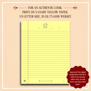 K&ouml;nnte beinhalten: Ein gelb-gelbes liniertes Papier mit einer dekorativen Illustration oben. Der Text oben lautet: "F&Uuml;R EINEN AUTHENTISCHEN LOOK: DRUCKEN SIE AUF 'KANARIENGELB' PAPIER, US LETTER GR&Ouml;SSE, 20 LB (75 GSM) GEWICHT."