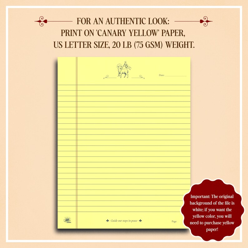 K&ouml;nnte beinhalten: Ein gelb-gelbes liniertes Papier mit einer dekorativen Illustration oben. Der Text oben lautet: "F&Uuml;R EINEN AUTHENTISCHEN LOOK: DRUCKEN SIE AUF 'KANARIENGELB' PAPIER, US LETTER GR&Ouml;SSE, 20 LB (75 GSM) GEWICHT."