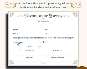 Traditional Catholic Baptism Certificate US Letter PDF (Digital Download)