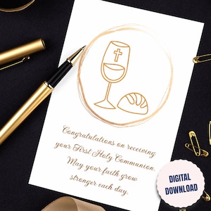 Tarjeta de felicitación de primera comunión en formato PDF, tarjeta imprimible digital católica con cita del Evangelio, carta de regalo de primera comunión, anverso y reverso