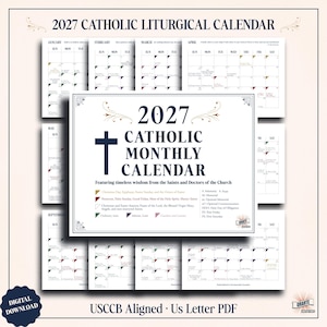 May include: A 2027 Catholic liturgical calendar with a white background. The calendar features monthly layouts with dates and religious observances. The central design includes a cross and the text "2027 Catholic Monthly Calendar."