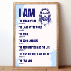 May include: A framed print with the text "I AM" in large blue letters, followed by several biblical references. A blue illustration of Jesus is in the upper right corner. The print is in a light wood frame.