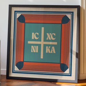 May include: Framed wall art with a geometric design. The artwork features a teal square with the Greek letters IC XC NIKA in cream. The square is framed by orange and blue lines on a beige background, all within a black frame.
