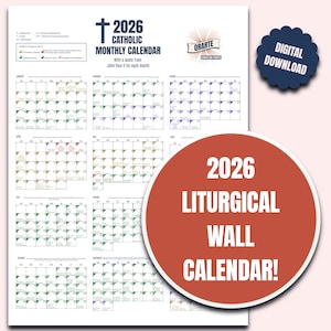 Könnte beinhalten: Ein katholischer Monatskalender 2026 mit einem Zitat von Johannes Paul II. für jeden Monat. Der Kalender zeigt ein Kreuz und den Text "Digitaler Download". Ein roter Kreis zeigt "2026 Liturgischer Wandkalender!"