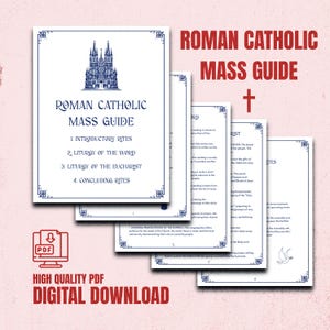 May include: A stack of printed guides titled "Roman Catholic Mass Guide" with a blue church illustration. The guide includes sections on introductory rites, liturgy of the word, eucharist, and concluding rites. The image also includes a PDF icon and the words "High Quality PDF Digital Download."