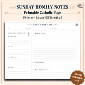 May include: A printable Catholic page with the text "SUNDAY HOMILY NOTES". The page includes sections for scripture references, key messages, and intentions. The design is simple, with a cream background and brown text.