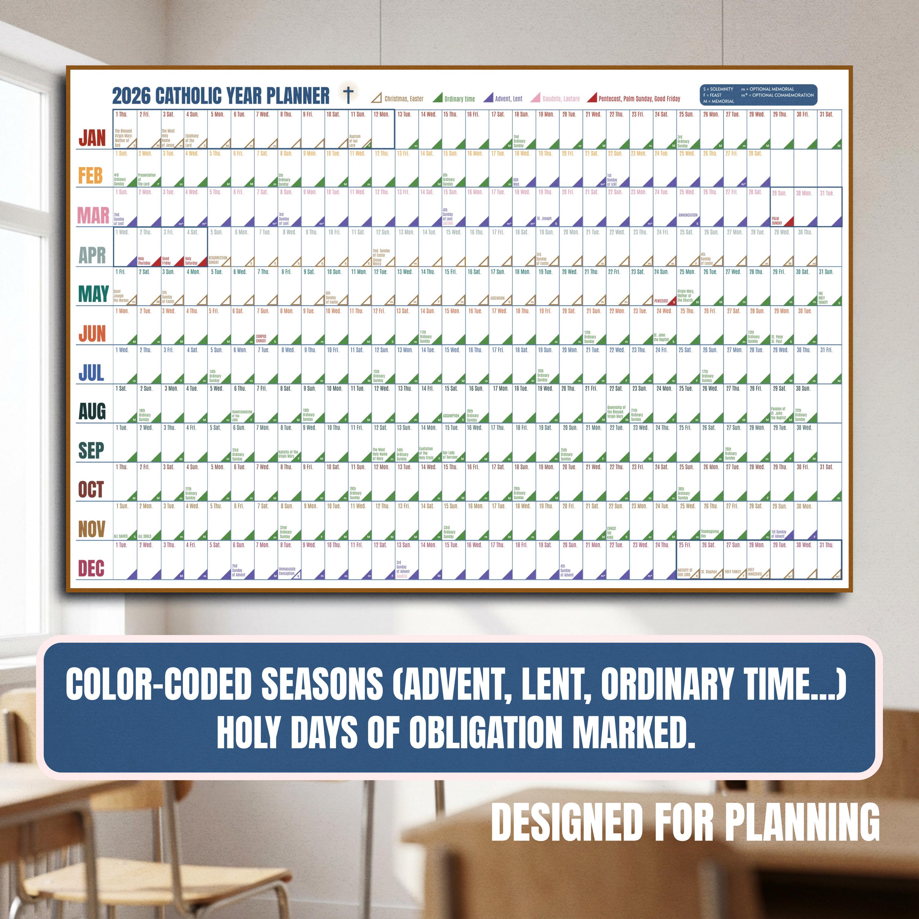 2026 Catholic Wall Planner: Horizontal Liturgical Calendar Year at a ...