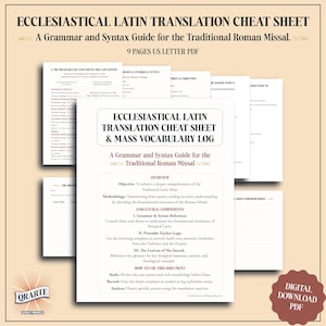 Puede incluir: Una hoja de trucos de traducción de latín eclesiástico y registro de vocabulario de misa de nueve páginas en formato PDF US letter. El documento proporciona una guía de gramática y sintaxis para el misal romano tradicional.