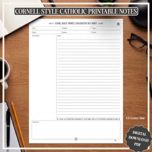 May include: A printable Cornell-style Catholic notes page with the text "Come, Holy Spirit, Enlighten My Mind." The page includes sections for date, subject, topic, key points, notes, season, intent, and a summary. The image also includes a "Digital Download PDF" label.