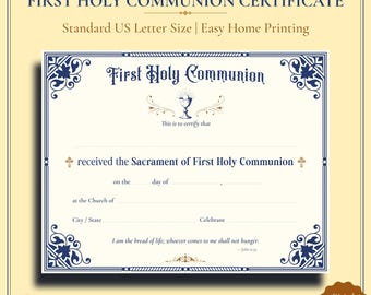 First Holy Communion Certificate: US Letter Printable Traditional Catholic Keepsake (Digital Download)
