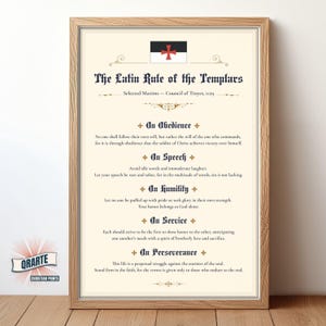 May include: A framed print of the Latin Rule of the Templars, with text and a Templar flag. The print includes selected maxims from the Council of Troyes, 1129, in a decorative frame. The print is on a wooden surface.