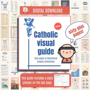 May include: A digital download of a Catholic visual guide with over 60 pages of educational graphic information. The guide includes a daily planner on the last page. The cover features a cartoon illustration of a person wearing a cassock and a cross.