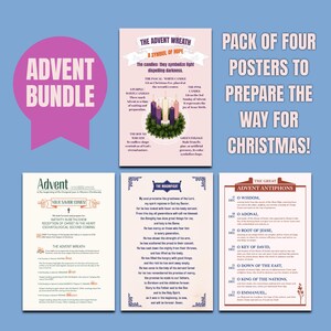 May include: Advent bundle of four posters with text and illustrations. Includes an Advent wreath, the Magnificat, and Advent Antiphons. The posters are on a blue background with the text "Pack of Four Posters to Prepare the Way for Christmas!"